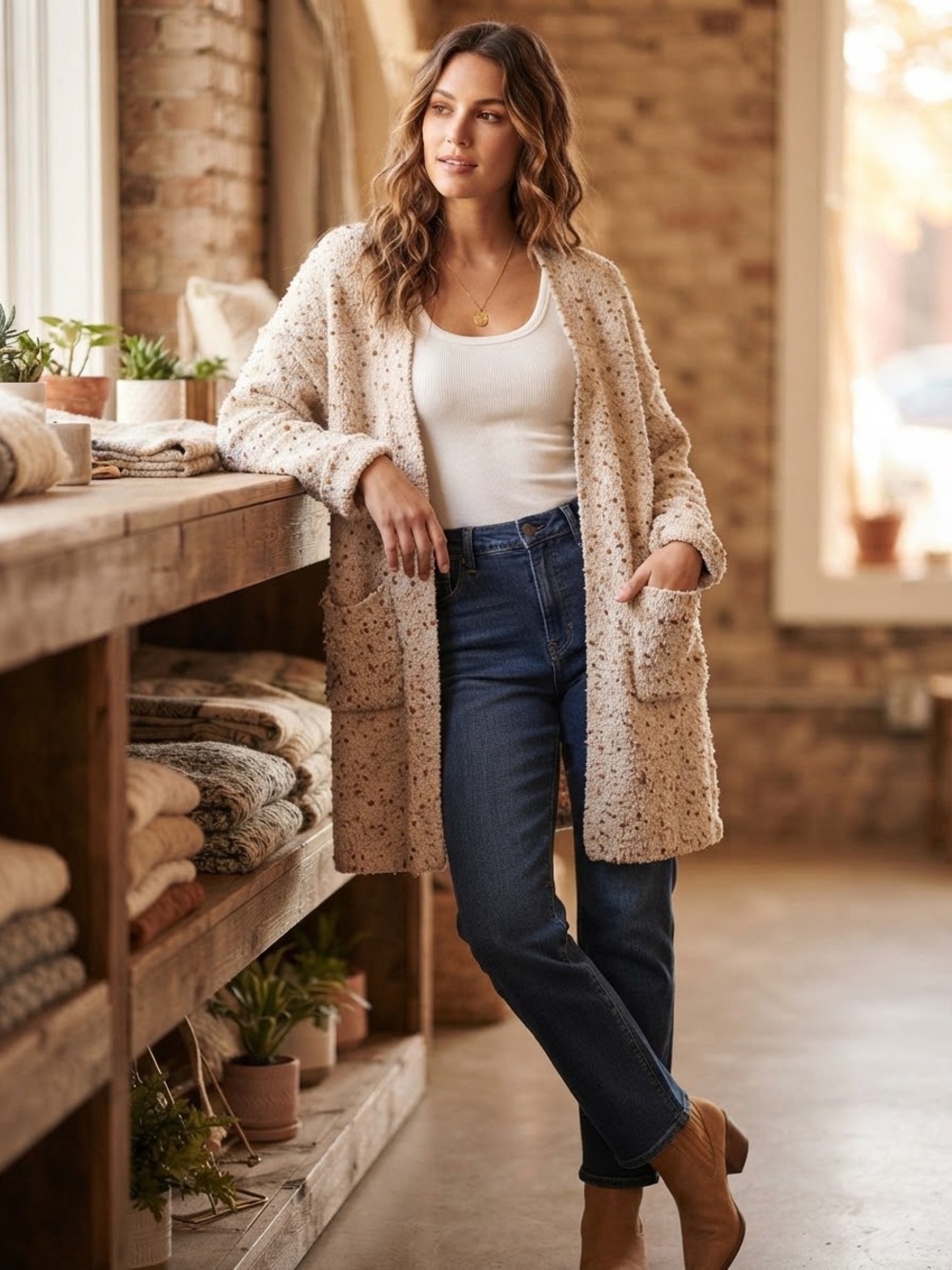 POL Cozy Bouclé Open-Front Cardigan in Cream Speckle